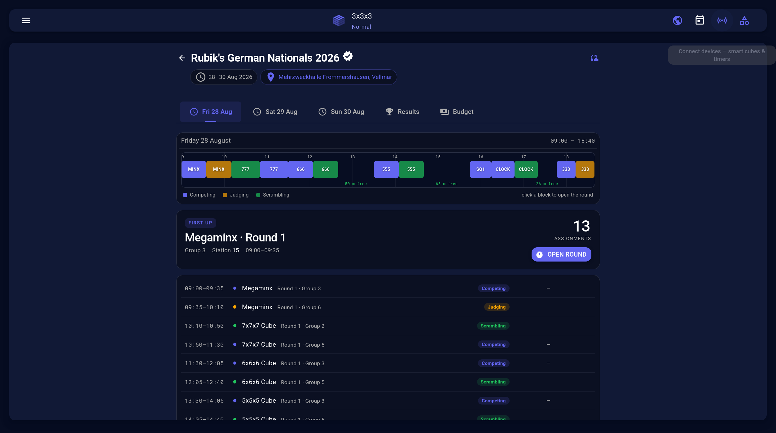 An imported WCA competition in Flowtimer: the day's schedule, competing, judging and scrambling blocks, and the next round with its group and station